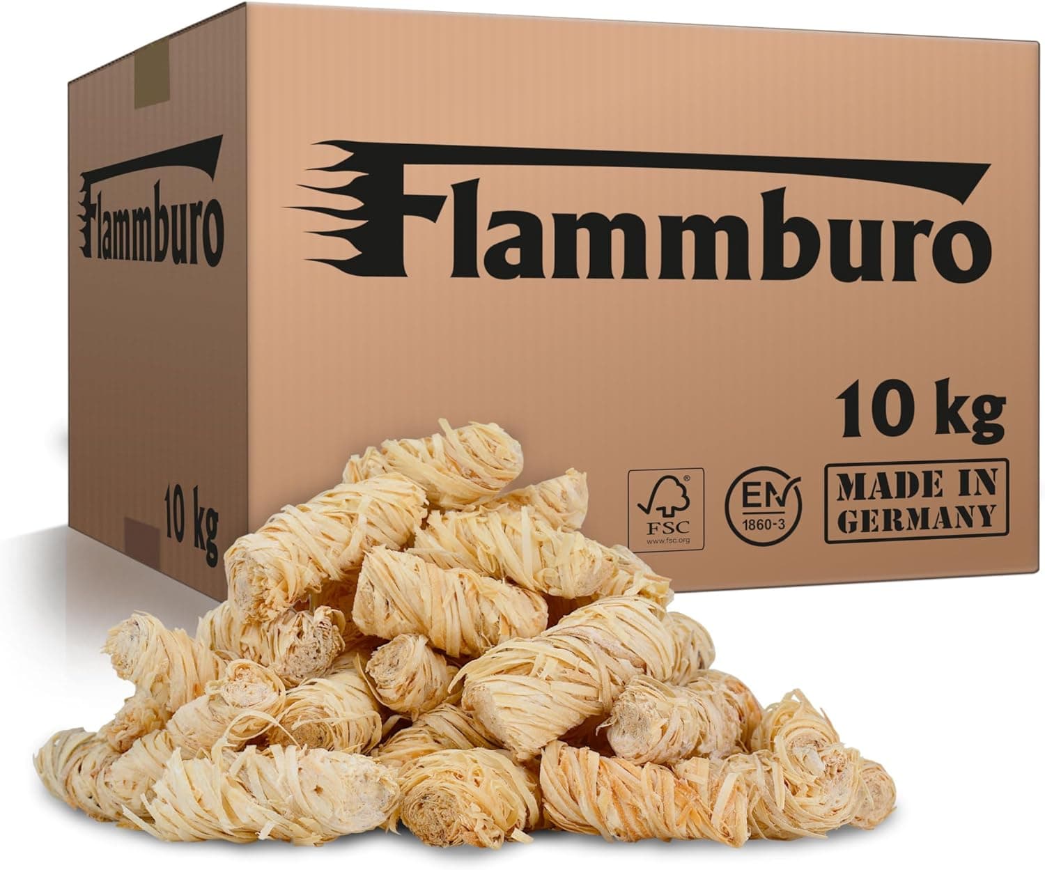 FLAMMBURO (10kg = ca. 800 Stück) Anzündwolle für Kamin, Ofen und Grill – Ökologischer Holzanzünder, Kaminanzünder, Grillanzünder, Anzünder Holzwolle Varianten: (3kg) / (5kg) / (15kg)