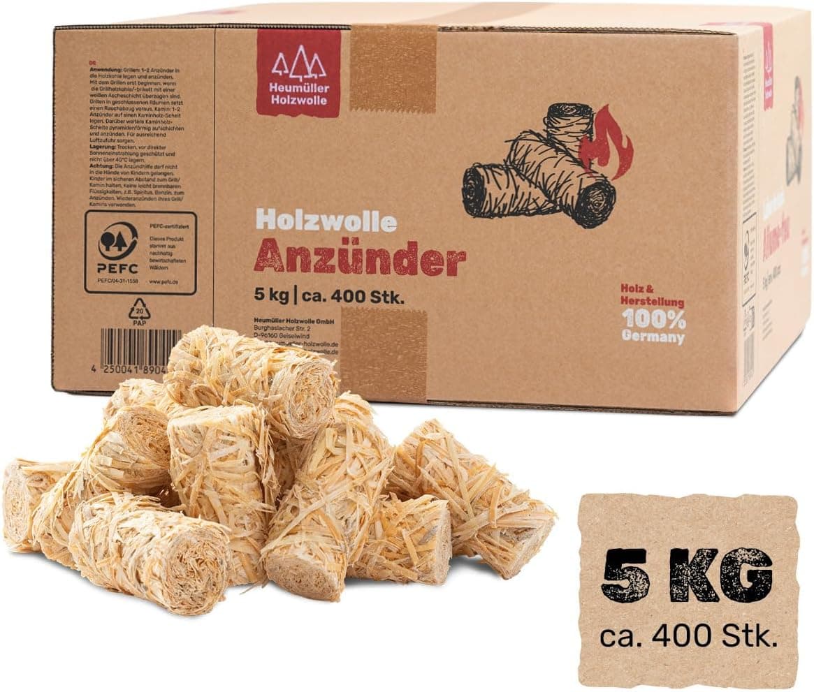 Heumüller Holzwolle 5 kg (ca. 400 Stück) Holzwolle-Anzünder Kaminanzünder | Öko-Anzünder aus Holzwolle & Wachs | Lange Brenndauer & geruchsneutral | Ideal für Kamin, Grill & Feuerstellen