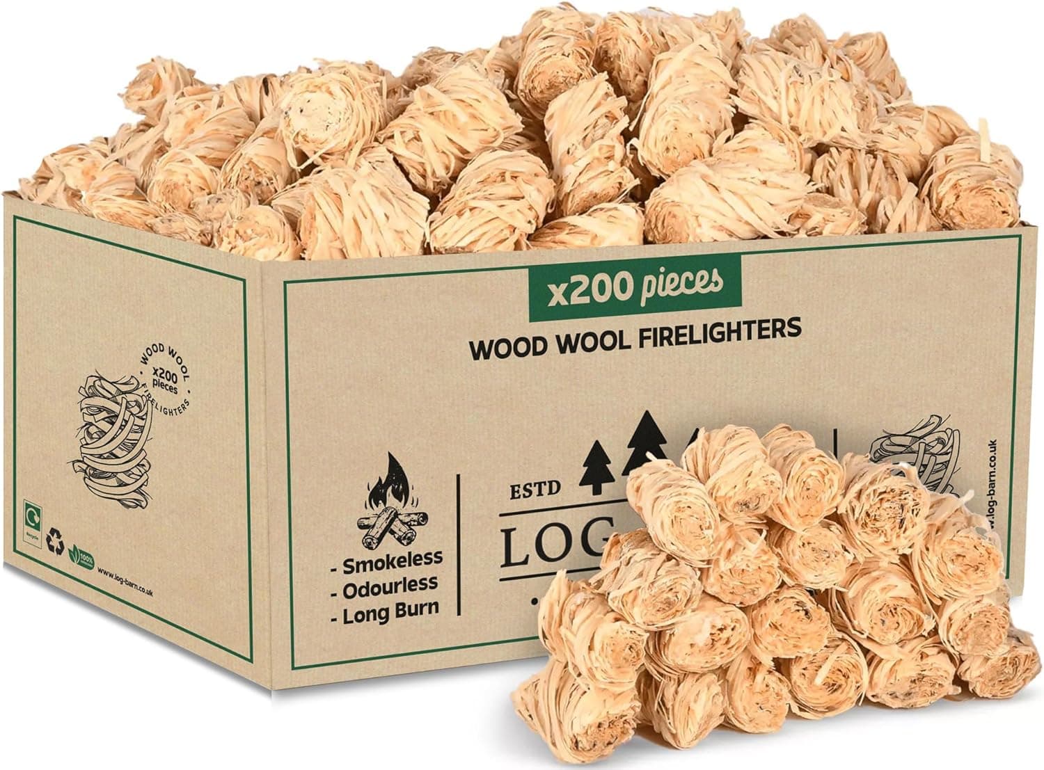 Log Barn Natürliche Anzündwolle - 200 Stück, Öko Anzünder Holzwolle für Holzöfen, Pizzaöfen, offene Feuer, Kaminanzünder und Grillanzünder - Echtes Log Barn Anfeuerholz (200 PC)
