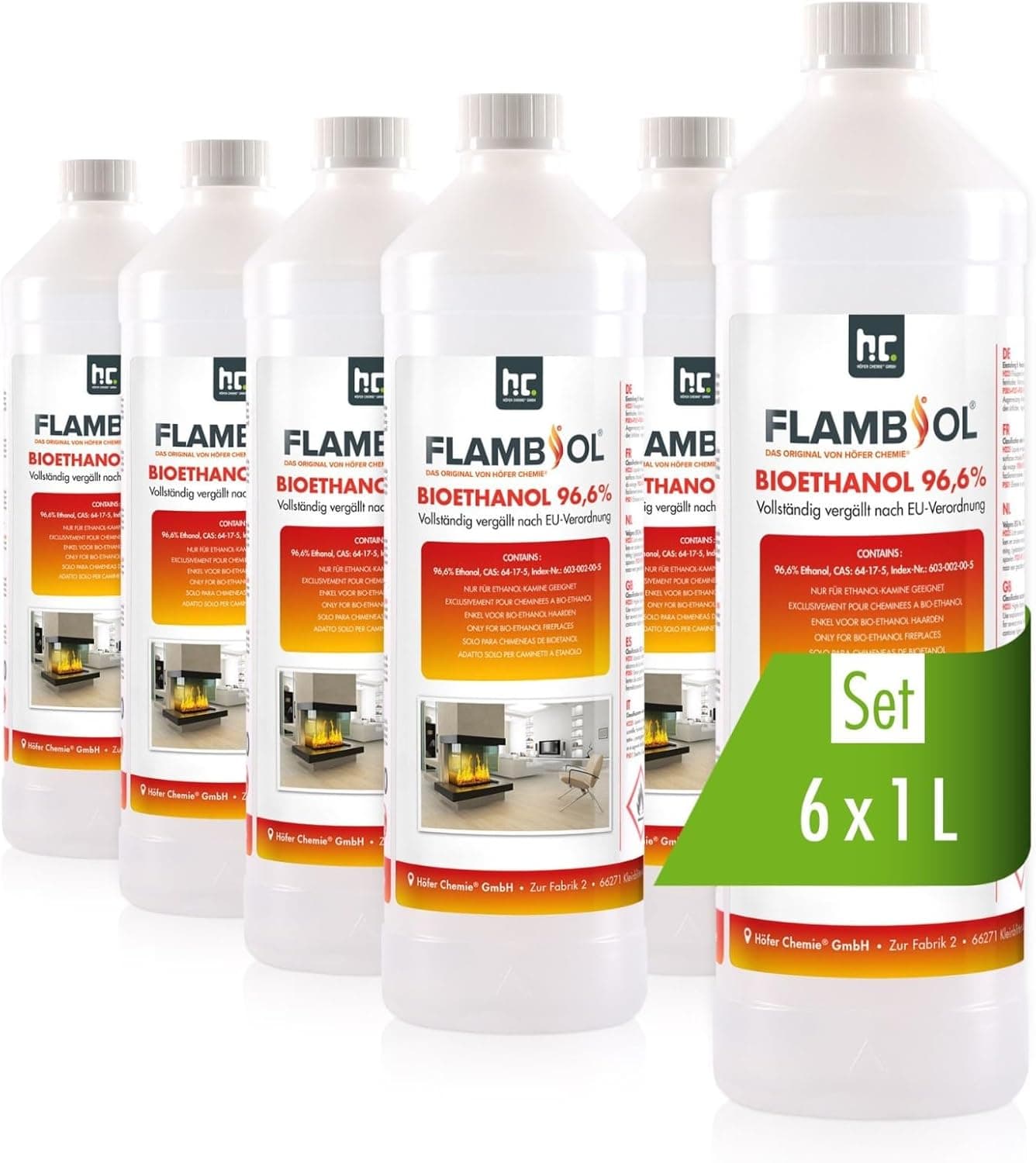Höfer Chemie Bioethanol 96,6% Premium 6 x 1 L - Ethanol für Tischkamin, Kamin & Gartendeko für Draußen - Rauch- und Rußfrei - Aus Mais & Zuckerrüben
