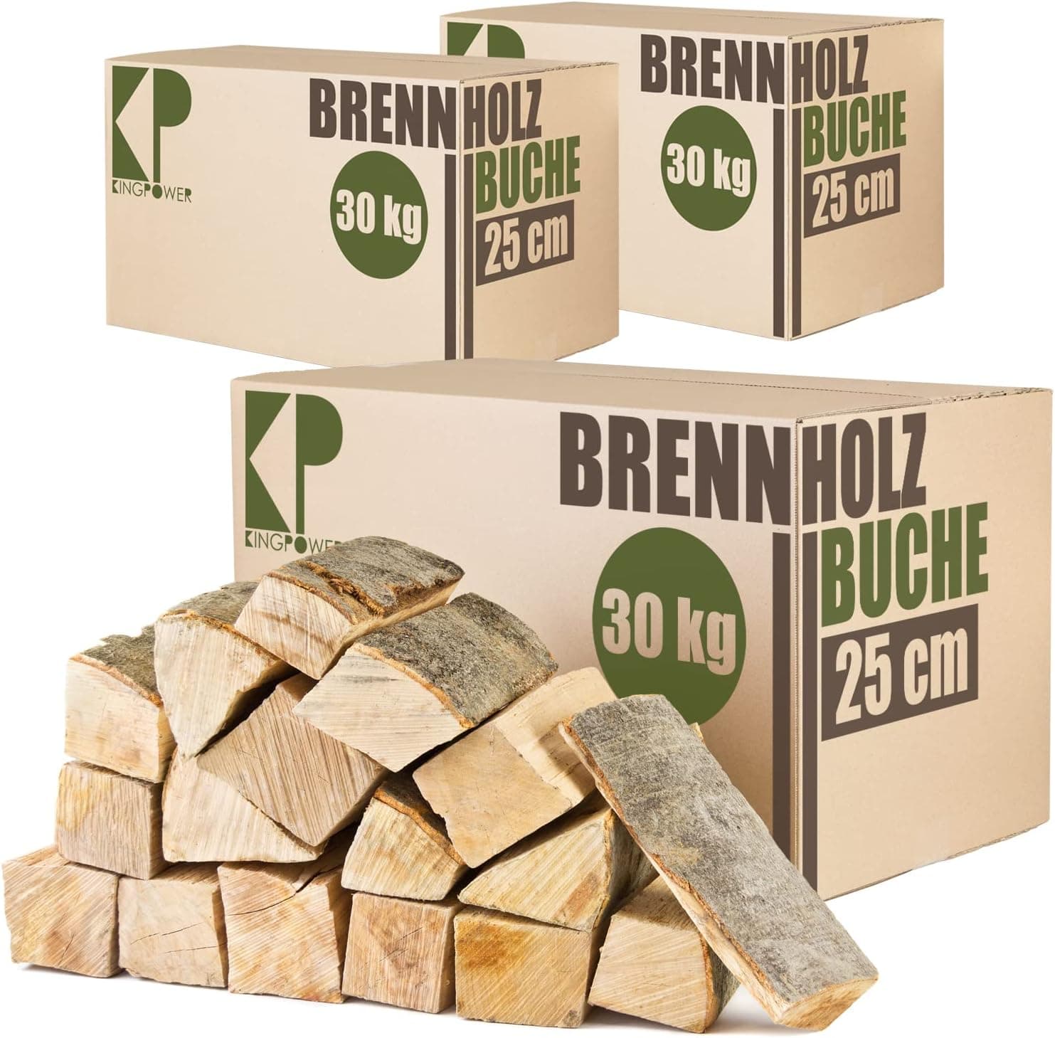Buche Brennholz 25 cm Kaminholz 30, 60 oder 90kg für Kaminofen Lagerfeuer Feuerschale Ofen Grill Buchenholz kammergetrocknet ofenfertig Holzscheite Kingpower, Menge:90 kg