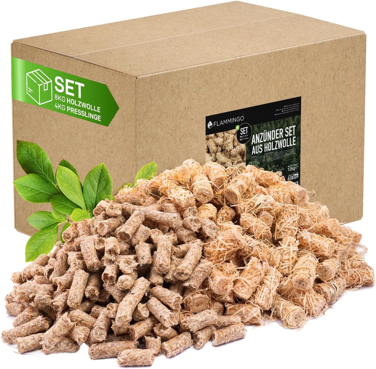 Flammingo® 12 kg Kamin-Anzünder Set, bestehend aus 8kg Holzwolleanzünder und 4kg Anzündsticks - aus Holzwolle und Wachs, ideal für Kamin, Ofen, Grill UVM.
