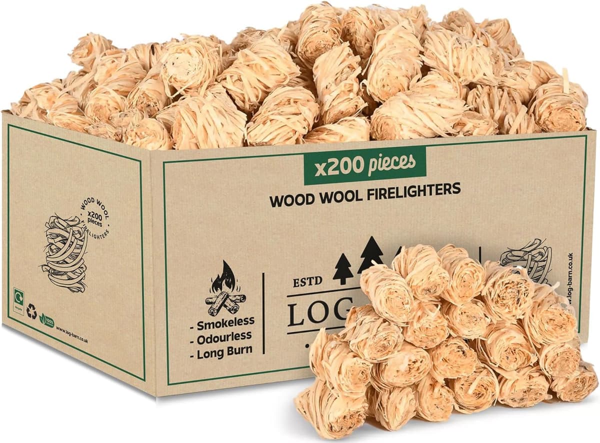 Log Barn Natürliche Anzündwolle - 200 Stück, Öko Anzünder Holzwolle für Holzöfen, Pizzaöfen, offene Feuer, Kaminanzünder und Grillanzünder - Echtes Log Barn Anfeuerholz (200 PC)