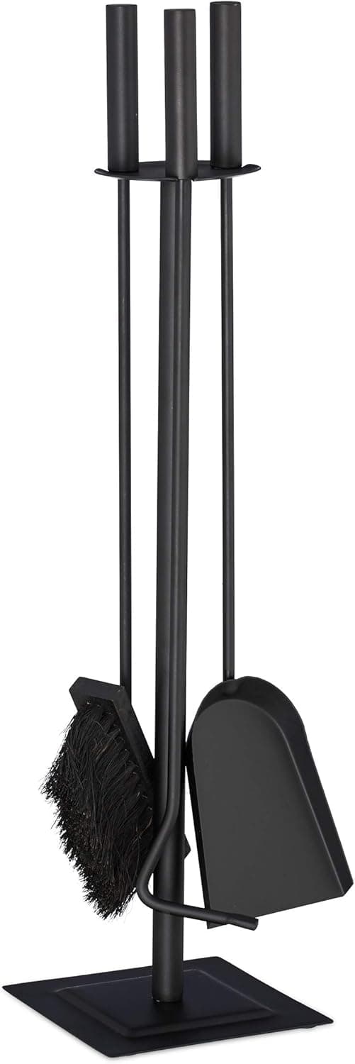 Relaxdays Kaminbesteck, 4-teilige Kamingarnitur mit Schaufel, Besen, Schürhaken & Halter, Ofenbesteck modern, schwarz, 61 x 15 x 15 cm