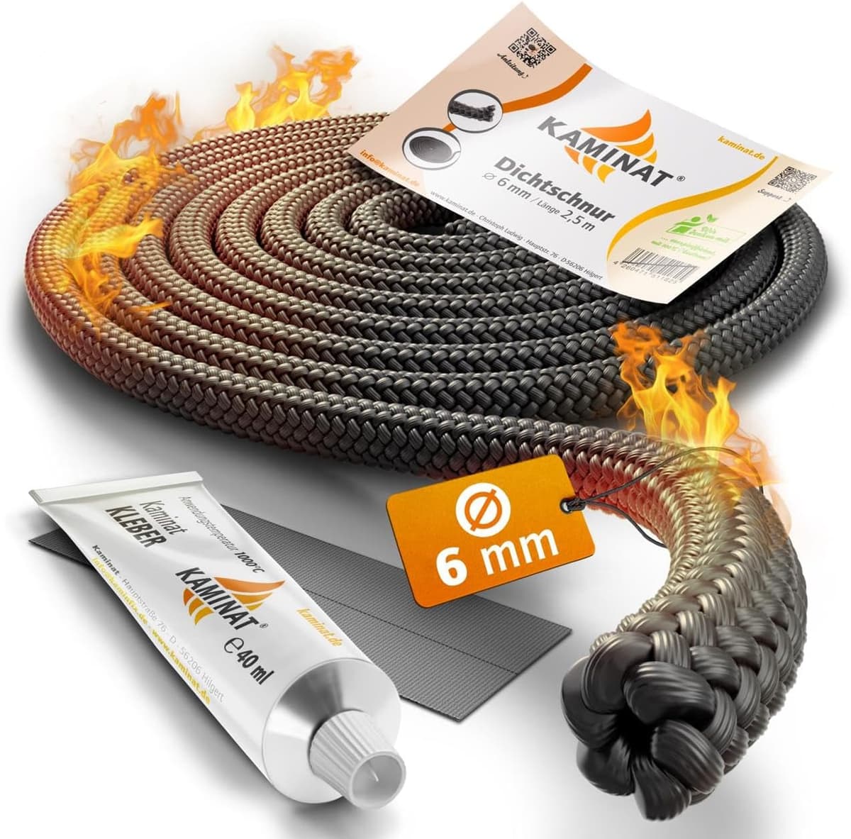 KAMINAT Ofen Dichtschnur - 2,5m Dichtschnur für Kaminofen - Feuerfestes Kamin Dichtband & Ofenrohr Dichtung - Hochwertige Kamin Dichtungsschnur inkl. Kleber - Dichtschnur Kaminofen Ø 6mm Breite