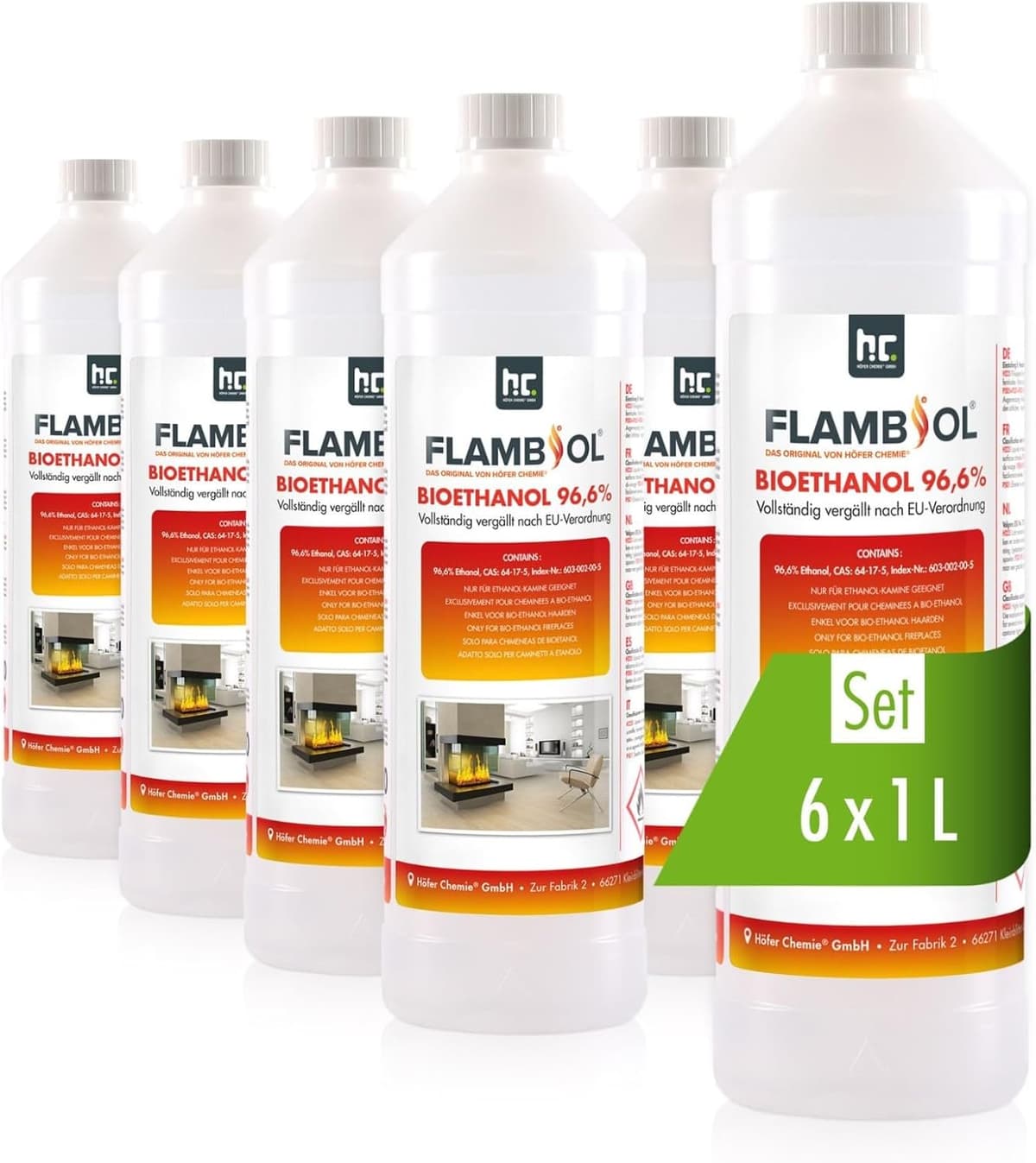 Höfer Chemie Bioethanol 96,6% Premium 6 x 1 L - Ethanol für Tischkamin, Kamin & Gartendeko für Draußen - Rauch- und Rußfrei - Aus Mais & Zuckerrüben