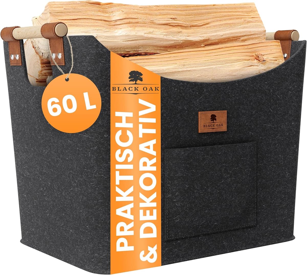 BLACK OAK Montana XL 60L Filzkorb & Holzkorb für Kaminholz - Leder Applikation + rutschfeste Griffe + Fronttasche extra groß - Filz Tasche Korb für Holz faltbar Transport & Aufbewahrung dunkelgrau