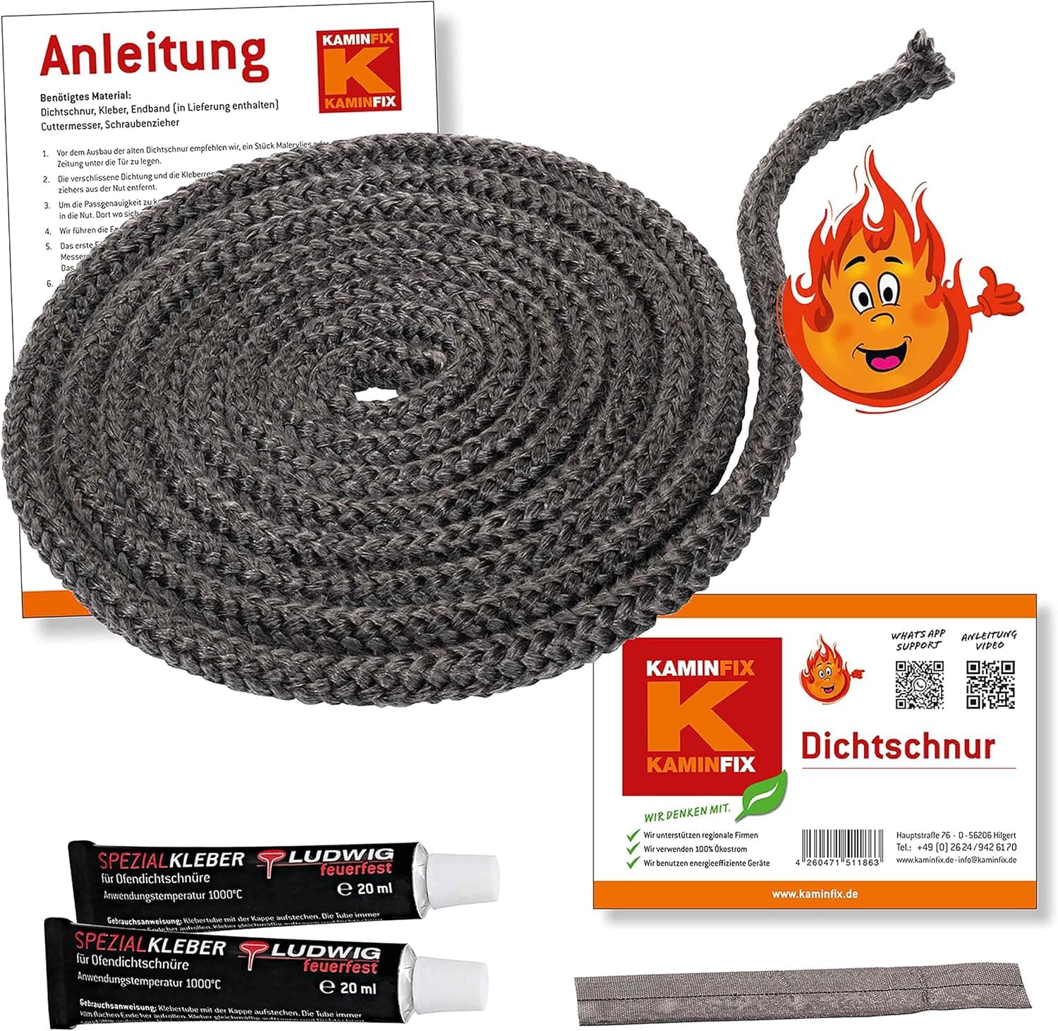 Ofendichtschnur 2,5m inkl. Kleber, Kaminreparaturset in der Größe 10mm, hochwertige Ofentürdichtschnur und Ofenschnur - Dichtschnur für Kaminofen, Ofen Dichtschnur 6, 8, 10, 12, 14mm.