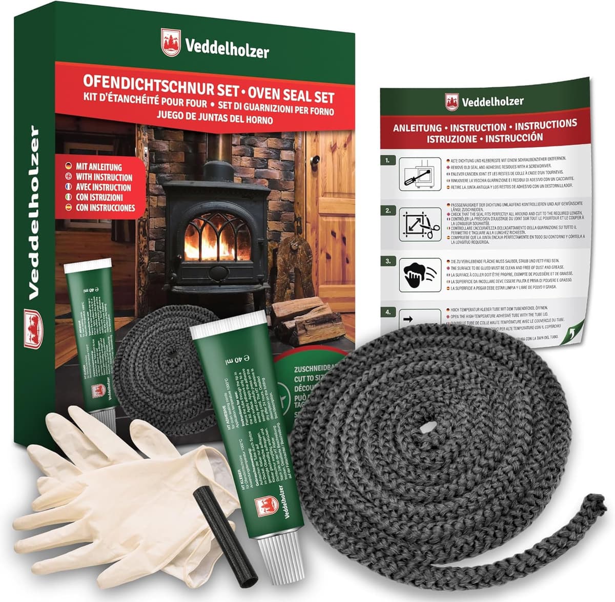 Veddelholzer 2,5 m komplett Set Ø 12mm Ofendichtband, Ofendichtung, Backofen Dichtung, Ofendichtschnur für Kaminofen, Öfen und Kaminofen Inkl. Hochtemperaturkleber, Handschuhe, Hülsen und Anleitung