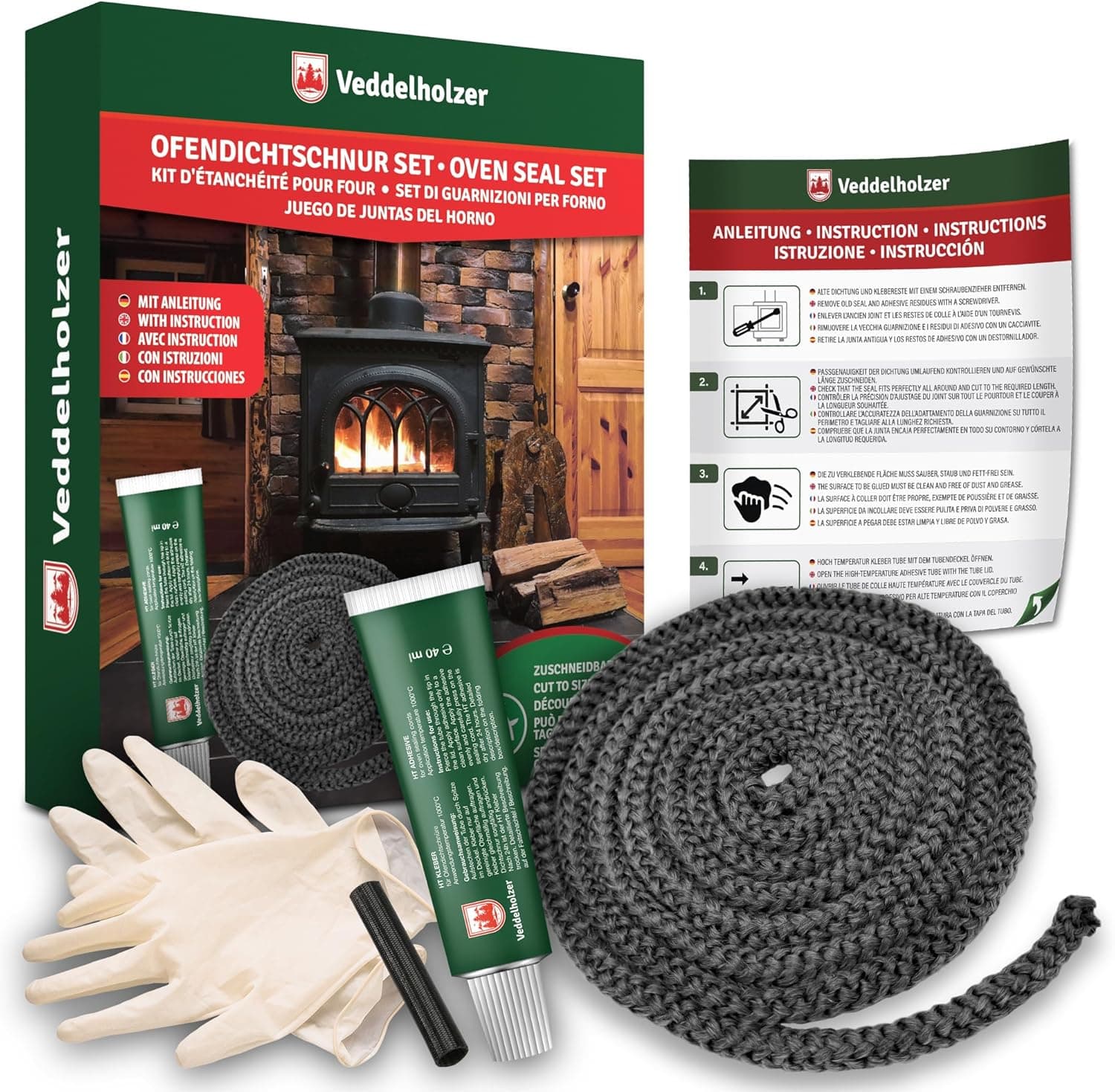 Veddelholzer 2,5 m komplett Set Ø 12mm Ofendichtband, Ofendichtung, Backofen Dichtung, Ofendichtschnur für Kaminofen, Öfen und Kaminofen Inkl. Hochtemperaturkleber, Handschuhe, Hülsen und Anleitung