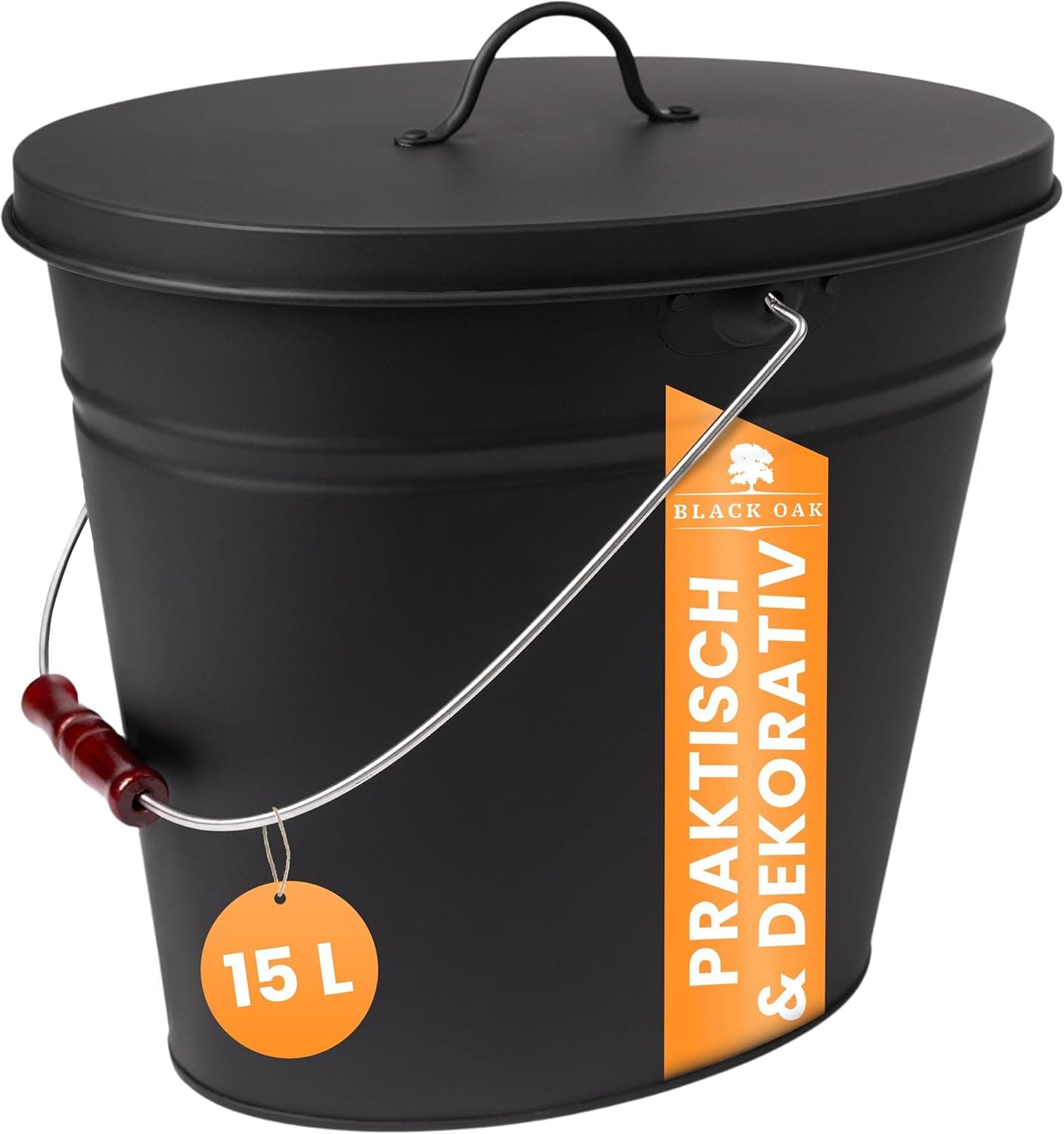 BLACK OAK Ascheeimer Vesuvio 15L – schwarz oval mit Deckel - groß 15 Liter - Stahl feuerfest verzinkt & pulverbeschichtet Asche & Kohle Eimer ideales Zubehör für Kamin Kachelofen Holzofen
